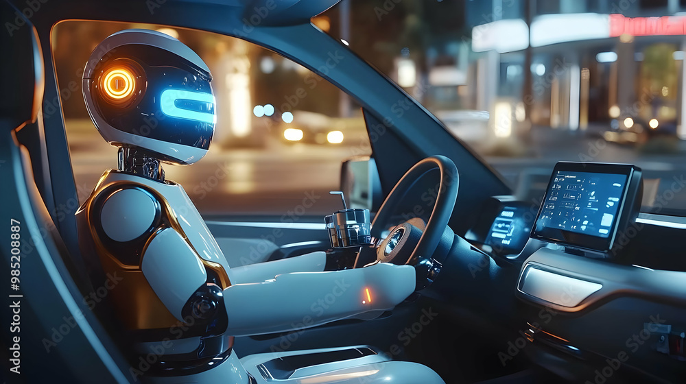 Robot Driving a Car at Night 3D Illustration Robot Driving a Car at Night 3D Illustration