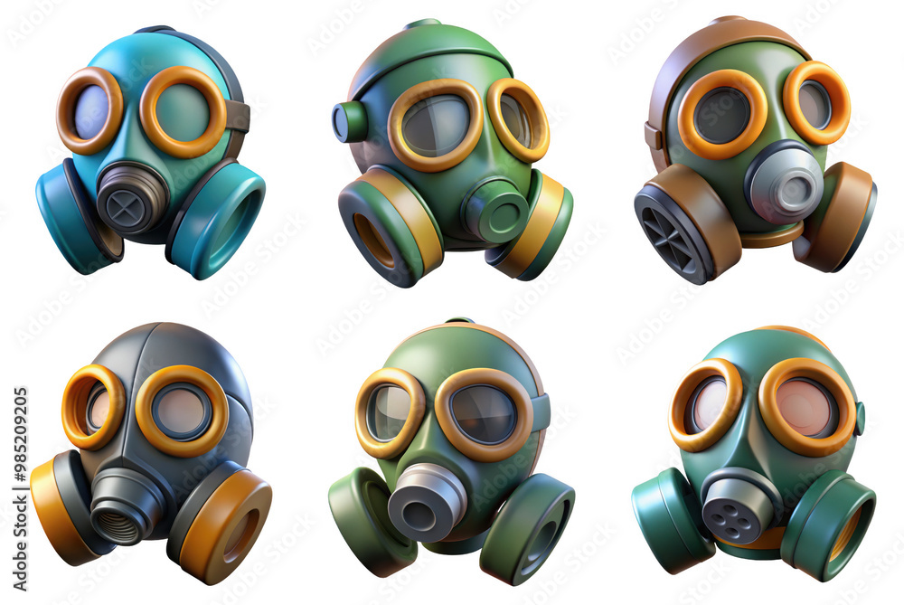 PNG gas mask 3d collection, in cartoon style minimal on transparent, white background, isolate
PNG gas mask 3d collection, in cartoon style minimal on transparent, white background, isolate