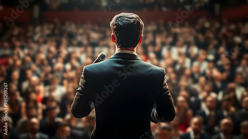 Man in Suit Speaking to Cro...
