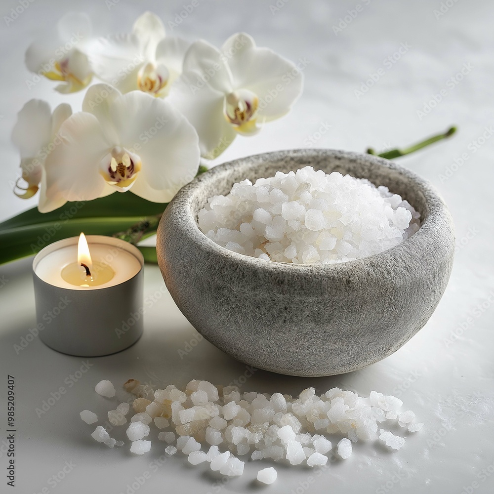 Bright product photo of spa salts in a natural stone bowl with delicate orchid flowers and a tea candle on a white background, highlighting relaxation. Bright product photo of spa salts in a natural stone bowl with delicate orchid flowers and a tea candle on a white background, highlighting relaxation.