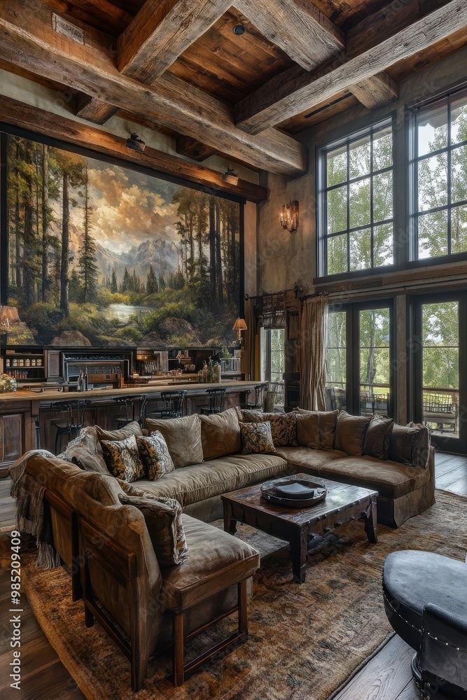 Cozy living room featuring rustic design elements, a large sectional sofa, a wooden coffee table, and a stunning mural of a mountain landscape, perfect for home decor, interior design projects Cozy living room featuring rustic design elements, a large sectional sofa, a wooden coffee table, and a stunning mural of a mountain landscape, perfect for home decor, interior design projects