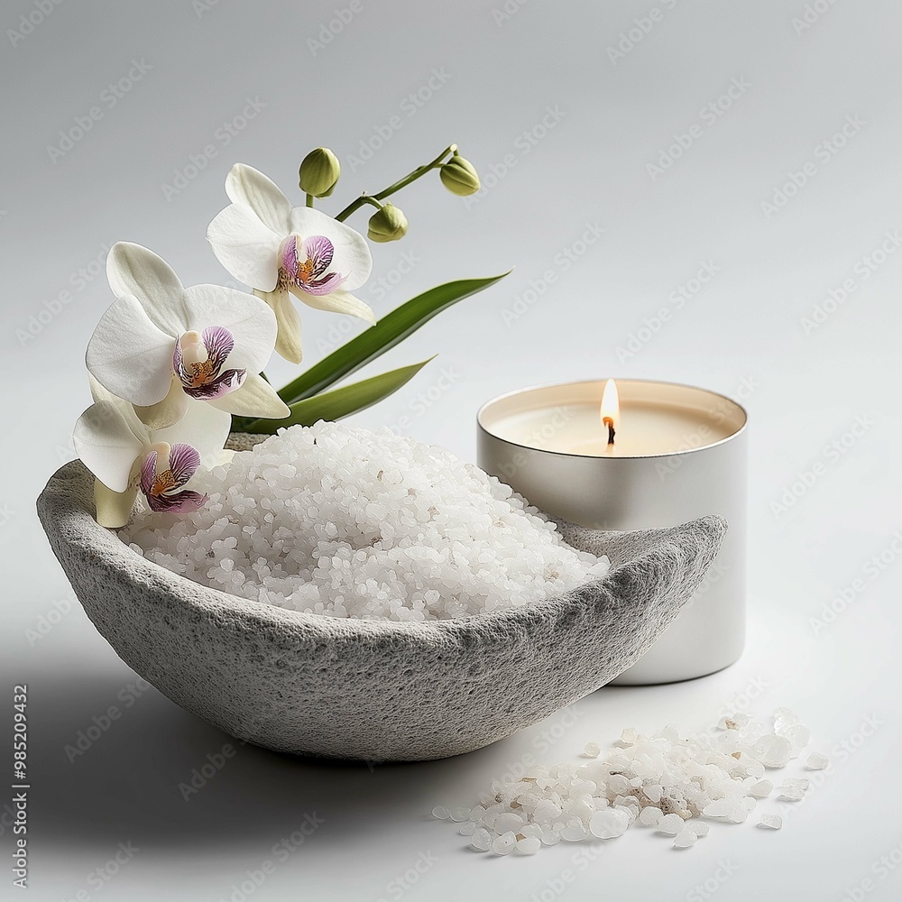 Bright product photo of spa salts in a natural stone bowl with delicate orchid flowers and a tea candle on a white background, highlighting relaxation. Bright product photo of spa salts in a natural stone bowl with delicate orchid flowers and a tea candle on a white background, highlighting relaxation.