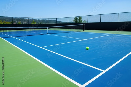 Blue tennis court with green grass and white lines. Tennis ball lies on court in center. Sunny weather with clouds in sky. Players in background. Sport facility for tennis games and matches.