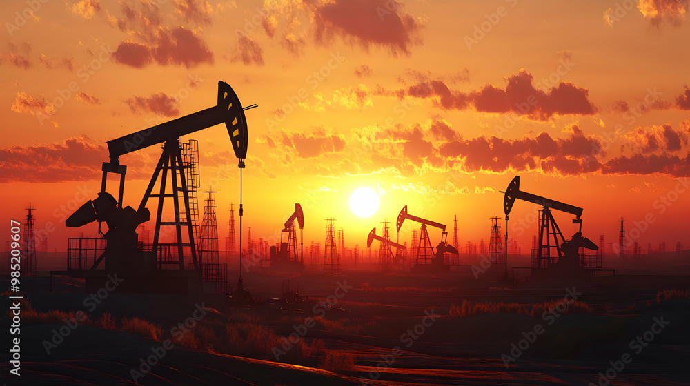 Silhouettes of Oil Rigs at Sunset - Illustration Silhouettes of Oil Rigs at Sunset - Illustration