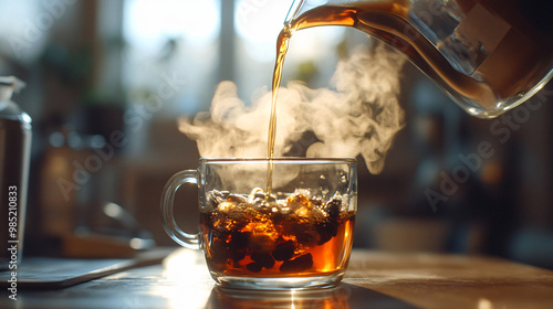 An artistic photo of coffee being poured into a glass with a swirl pattern and a soft focus background. photo