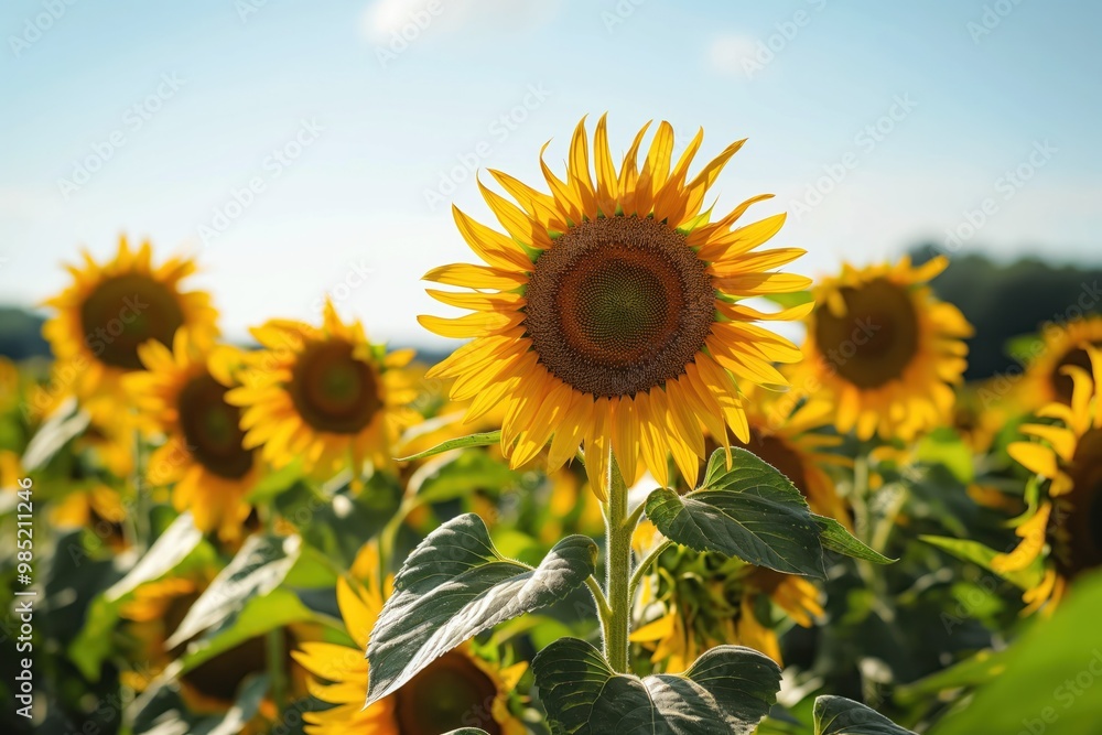 Sunflower field with yellow and orange flowers in circular pattern. Large sunflower in center surrounded by smaller ones. Blue sky background with scattered clouds.