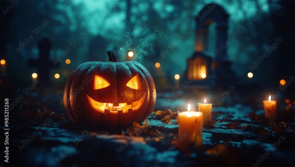 Eerie atmosphere created by a scary jack o'lantern. Eerie atmosphere created by a scary jack o'lantern.