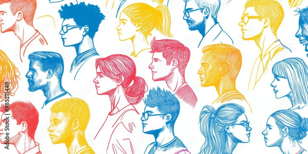 Simple line drawings depict people in profile. Simple line drawings depict people in profile.