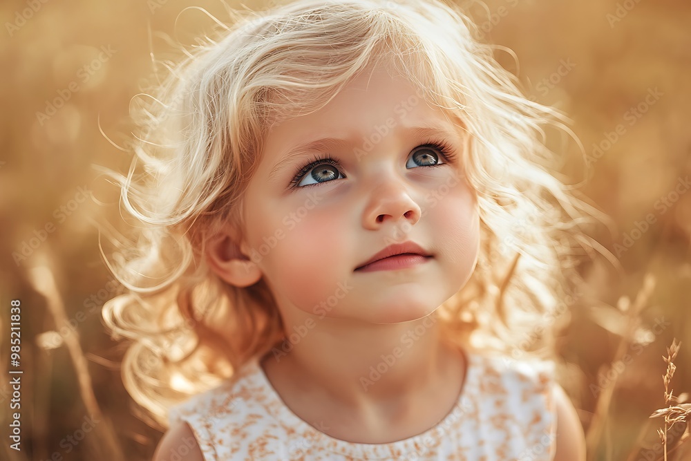 Portrait of little blonde girl with big green eyes looking up, curious and thoughtful Portrait of little blonde girl with big green eyes looking up, curious and thoughtful