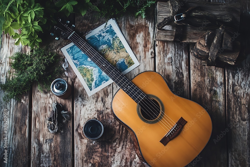 Fototapeta premium Acoustic Guitar, Map, and Coffee on a Rustic Wooden Table