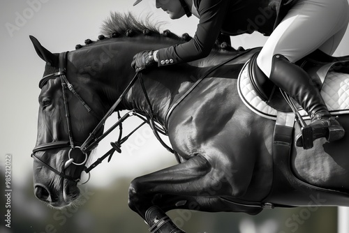 Horse, rider in, jumping over white hurdle in jumping competition. Equestrian sports, horseback riding, horse jumping, equine, equitation, horseman, horsemanship, rider, riding, sport, sportsman,