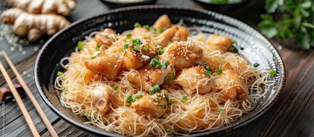 Rice Noodles Steamed Mix Oil From Garlic Chicken Fried With Seasoning And Saseme Ripe In Japanese Ceramic Black Plate Isolate On White Wood And Ginger Tree Photo Soft Tone Color For Background Rice Noodles Steamed Mix Oil From Garlic Chicken Fried With Seasoning And Saseme Ripe In Japanese Ceramic Black Plate Isolate On White Wood And Ginger Tree Photo Soft Tone Color For Background