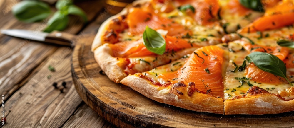 Pizza Salmone E Panna On The Wood Background Pizza Salmone E Panna On The Wood Background