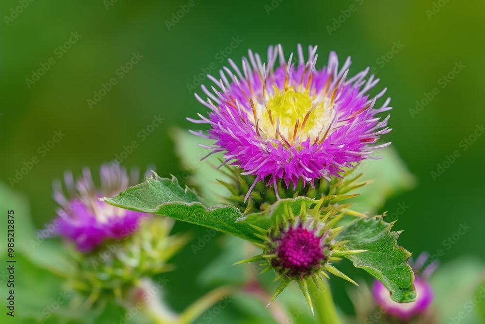 Close-up of great burdock flower with prickly stem, pink-purple petals. Blooming in meadow with green grass, wildflowers. Attracting pollinators like bumblebees. Medicinal herb with beautiful blooms. Close-up of great burdock flower with prickly stem, pink-purple petals. Blooming in meadow with green grass, wildflowers. Attracting pollinators like bumblebees. Medicinal herb with beautiful blooms.