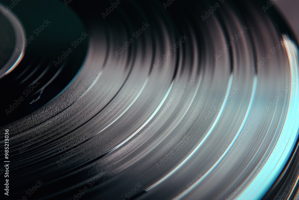 Close-up of black vinyl record with shiny surface. Record tilted to the right, creating dynamic composition. Blurred background draws focus to vinyl disc, depth of field. Close-up of black vinyl record with shiny surface. Record tilted to the right, creating dynamic composition. Blurred background draws focus to vinyl disc, depth of field.