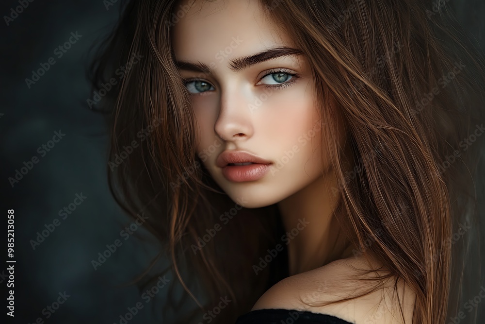Portrait of Beautiful Woman with Green Eyes and Long Brown Hair Portrait of Beautiful Woman with Green Eyes and Long Brown Hair
