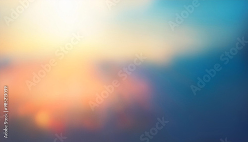 Light flare filter. Blur glow overlay. Sunlight reflection. Bokeh radiance. Defocused blue white orange color gradient texture abstract background.