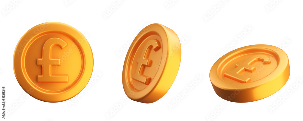 Set of 3D pound sterling gold coins in perspective. Currency of United Kingdom, rendering illustration Set of 3D pound sterling gold coins in perspective. Currency of United Kingdom, rendering illustration