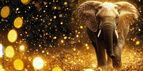 Wallpaper Mural Victory of light over darkness concept. Gold Indian elephant with golden glow walking among lights, stars on black background. Ganesh Chaturthi, Diwali. Elephant festival in India, Asia. Banner Torontodigital.ca