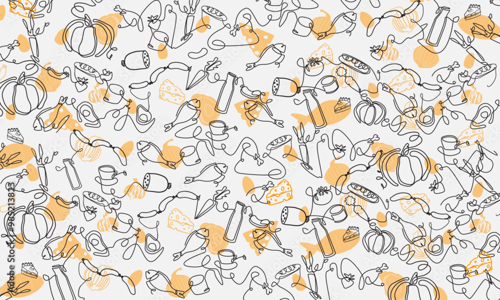 Outline kitchen food pattern on grey background. Banner with different vegetables, cupcakes, products, meal. Paper, coloring book concept, textile. Playful pattern of food items Outline kitchen food pattern on grey background. Banner with different vegetables, cupcakes, products, meal. Paper, coloring book concept, textile. Playful pattern of food items