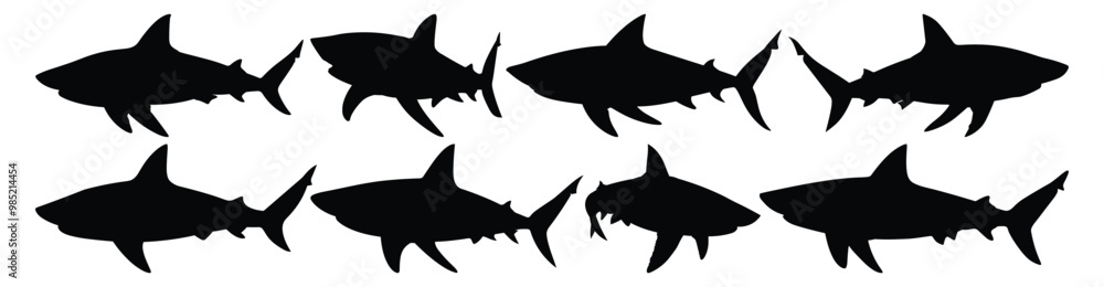 Shark silhouettes set, ocean pack of vector silhouette design, isolated background Shark silhouettes set, ocean pack of vector silhouette design, isolated background