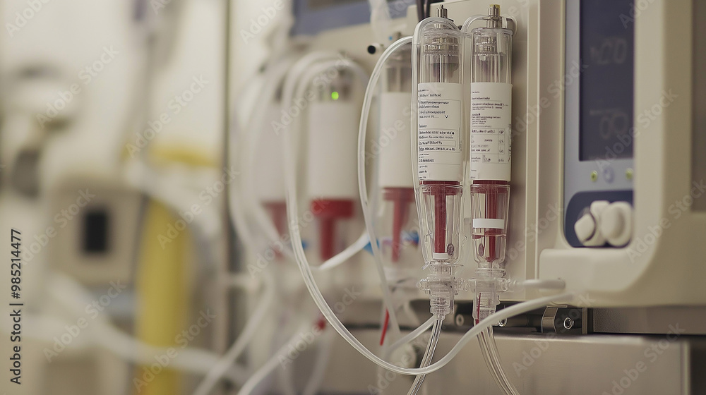 A dialysis machine in operation with tubes and blood filtration visible A dialysis machine in operation with tubes and blood filtration visible