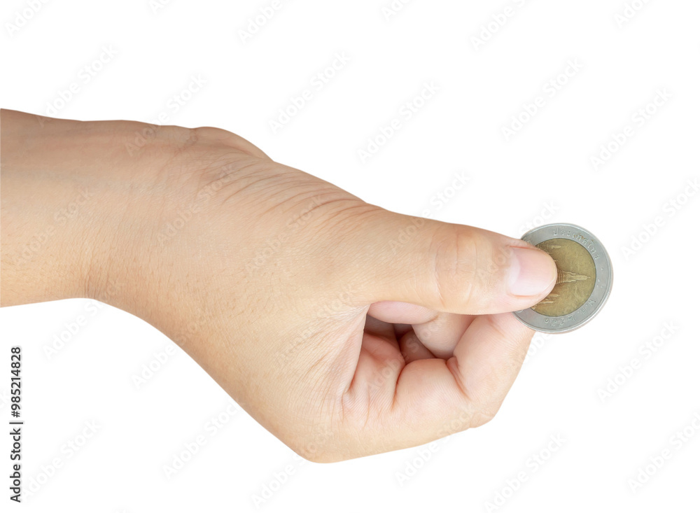 Child or kid hand holding coin isolated on white background with clipping path Concept of saving money for the future or money growth Child or kid hand holding coin isolated on white background with clipping path Concept of saving money for the future or money growth