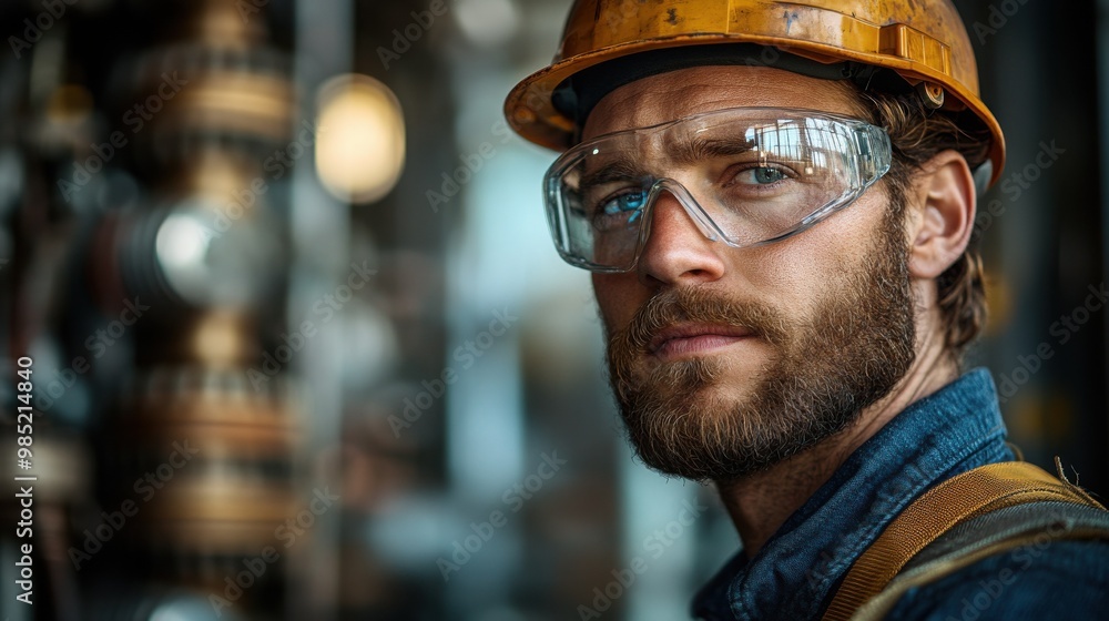 Close-up portrait of a young Caucasian man wearing safety goggles and a hard hat, looking directly at the camera in a factory setting. Close-up portrait of a young Caucasian man wearing safety goggles and a hard hat, looking directly at the camera in a factory setting.
