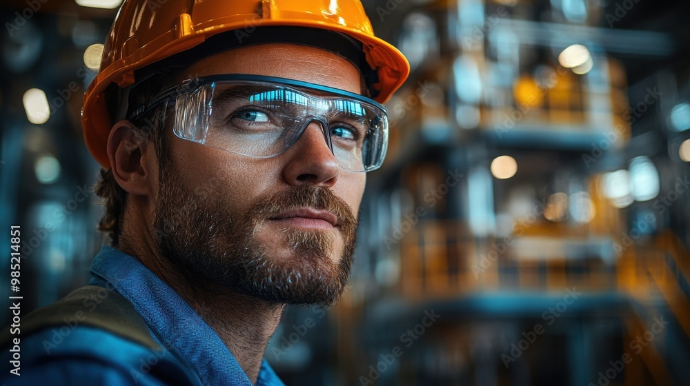 Close-up portrait of a young man in a hard hat and safety glasses looking thoughtfully off to the side. Close-up portrait of a young man in a hard hat and safety glasses looking thoughtfully off to the side.