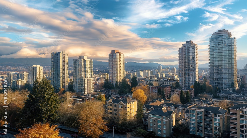 Fototapeta premium Modern cityscape in Burnaby, Canada with skyscrapers and buildings. Cloudy sky with few clouds. Busy city with tall tower, landmark building. City landscape with scenic view.