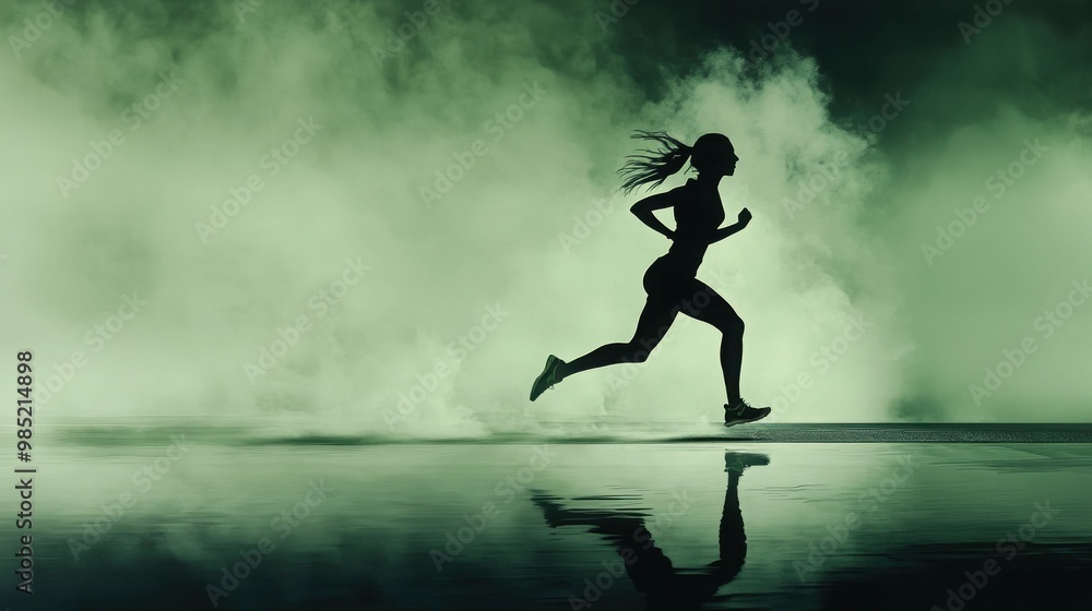 Silhouette of a woman running in green smoke, her determined stride and flowing hair creating a dynamic image. Silhouette of a woman running in green smoke, her determined stride and flowing hair creating a dynamic image.