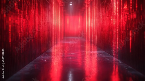 An abstract red hallway with lines of light that illuminate the wet floor with an otherworldly glow.