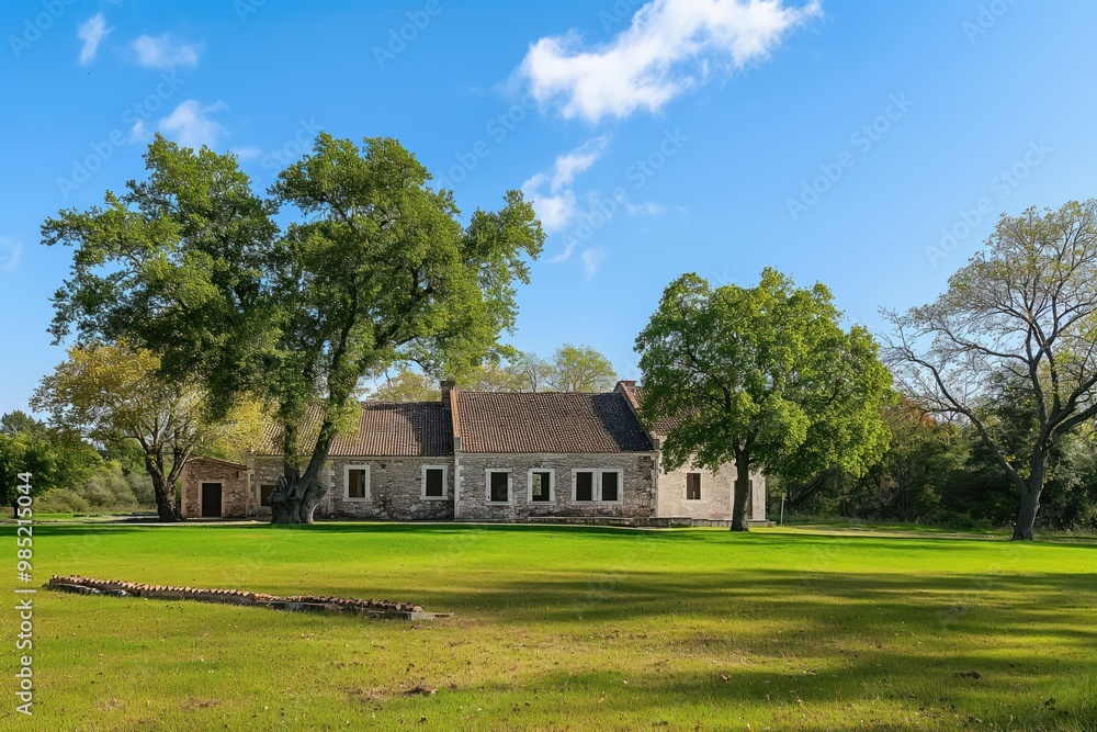 Old wooden house with green field, trees on sunny day. Natural beauty of historic landmark building architecture. Exterior view of luxury home with garden, leafy plants. Bright, beautiful scenery of Old wooden house with green field, trees on sunny day. Natural beauty of historic landmark building architecture. Exterior view of luxury home with garden, leafy plants. Bright, beautiful scenery of