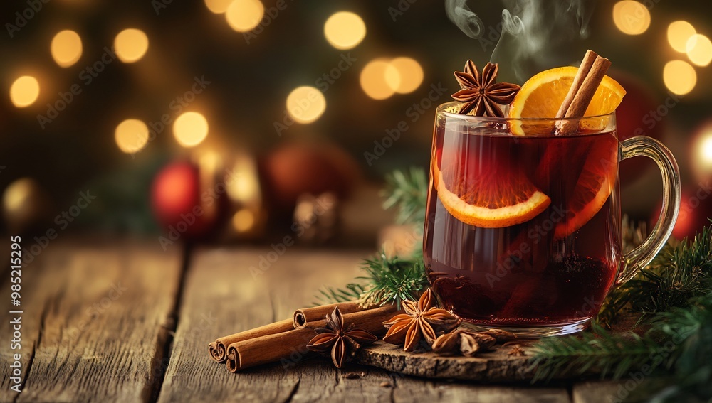 a glass mulled wine garnished with orange slices, cinnamon sticks, and star anise a glass mulled wine garnished with orange slices, cinnamon sticks, and star anise
