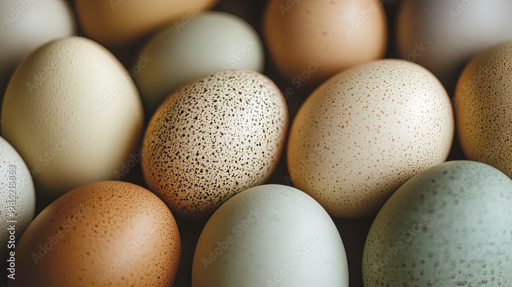 Close Up of a Pile of Chicken Eggs with Varying Colors and Textures Close Up of a Pile of Chicken Eggs with Varying Colors and Textures