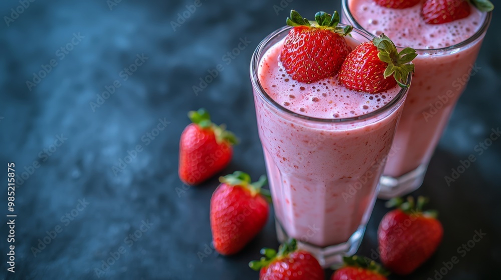 Fresh strawberry smoothie in a glass with whole strawberries Fresh strawberry smoothie in a glass with whole strawberries