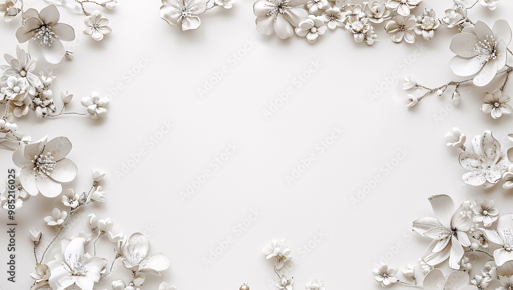 white flowers, top view with copy space on a white background white flowers, top view with copy space on a white background