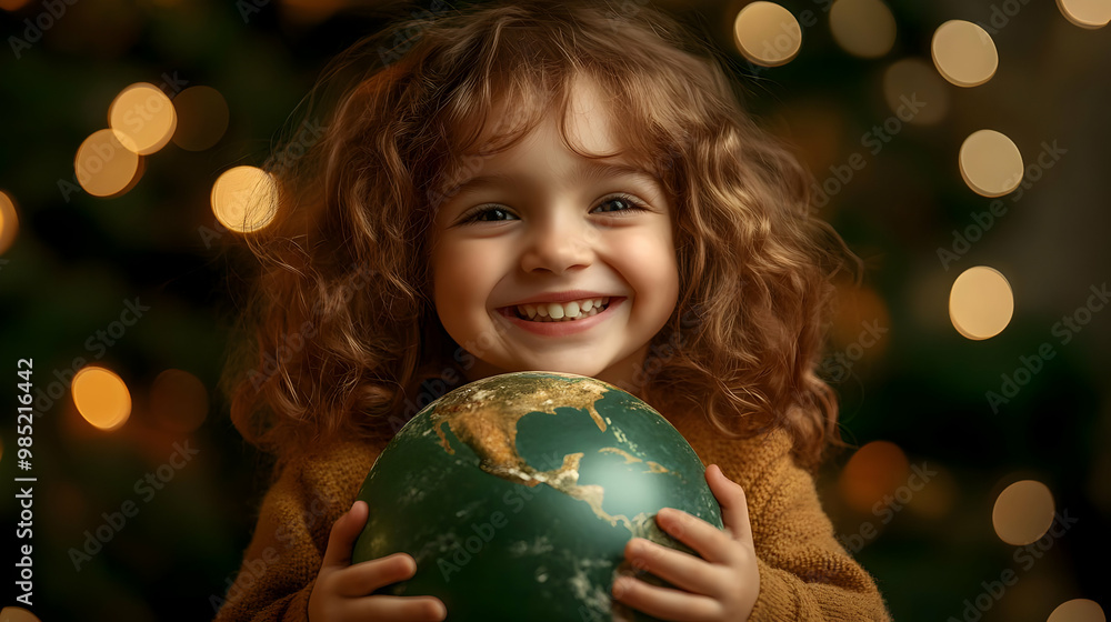 Naklejka premium Smiling Girl Holding Globe - Realistic Photo