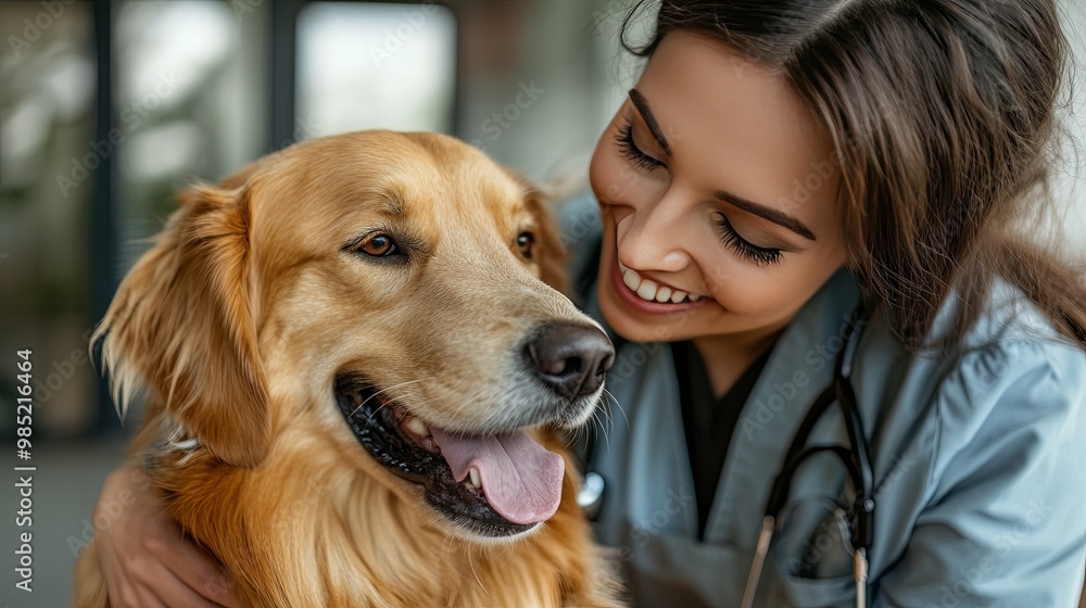 A Veterinarian Smiling at a Golden Retriever A Veterinarian Smiling at a Golden Retriever