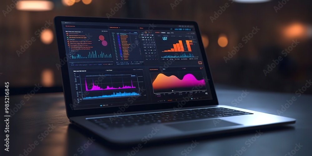 The laptop with data charts The laptop with data charts