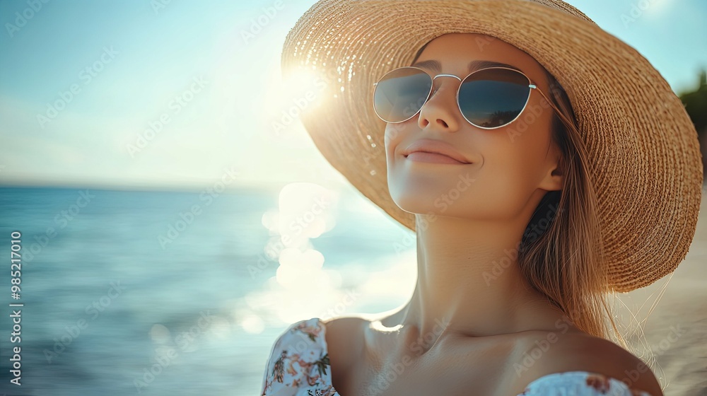 Woman in a Straw Hat and Sunglasses by the Sea Woman in a Straw Hat and Sunglasses by the Sea