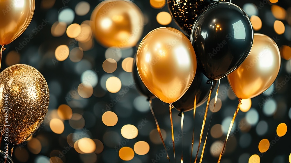 Black and Gold Balloons with Blurry Lights in Background Black and Gold Balloons with Blurry Lights in Background