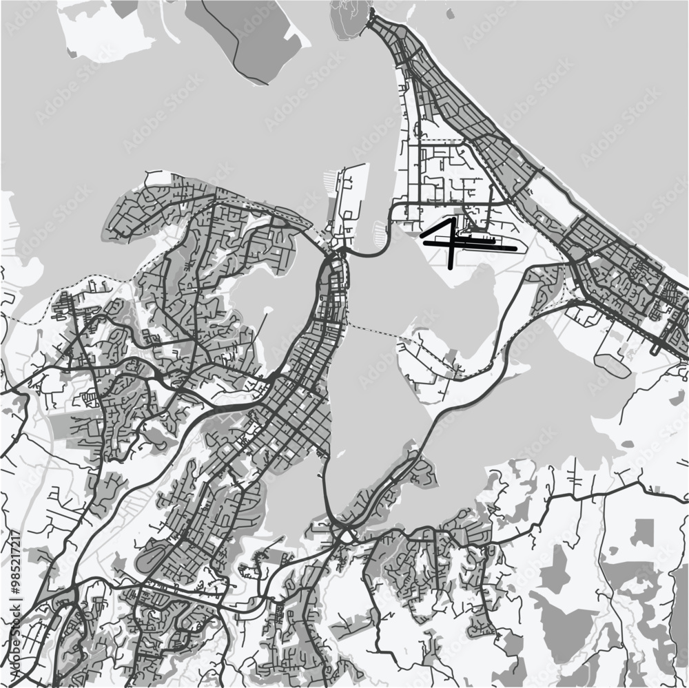 Fototapeta premium Map of Tauranga in New Zealand in grayscale. Contains layered vector with roads water, parks, etc.