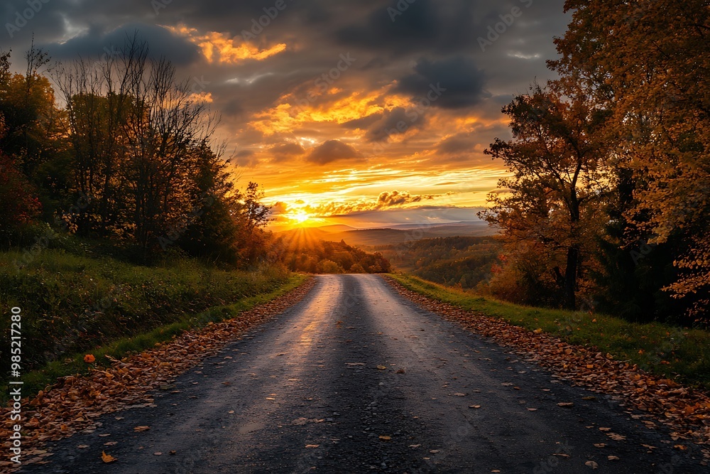 Scenic Road at Sunset with Fall Foliage and Dramatic Clouds Scenic Road at Sunset with Fall Foliage and Dramatic Clouds
