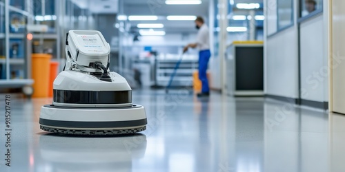 robot polishing hard floor with high speed polishing machine while other cleaner cleans canteen in the background 