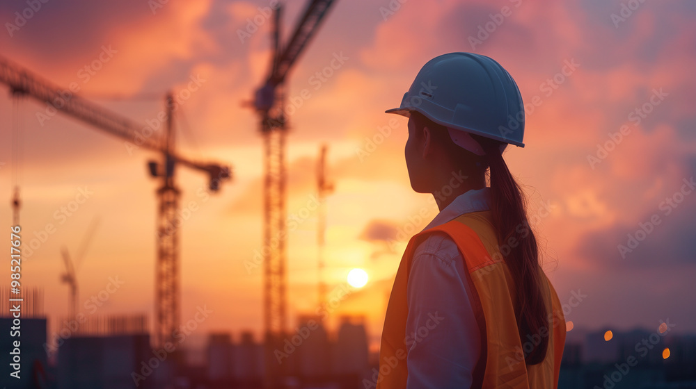 An engineer in a hard hat and safety vest surveys a construction site at dusk, overseeing the structural development of new urban buildings. An engineer in a hard hat and safety vest surveys a construction site at dusk, overseeing the structural development of new urban buildings.