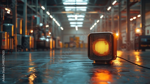 Portable heater in the middle of a large empty warehouse