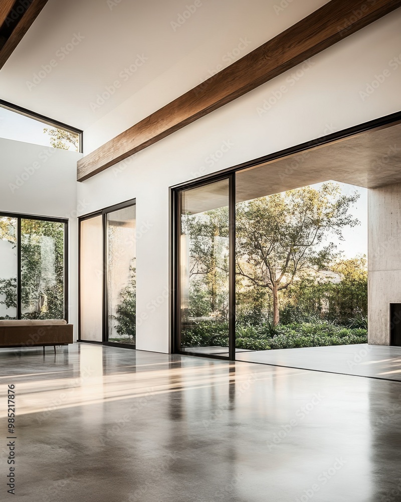Modern minimalistic living room interior with large windows, natural light, and wooden accents, overlooking a serene garden view. Modern minimalistic living room interior with large windows, natural light, and wooden accents, overlooking a serene garden view.