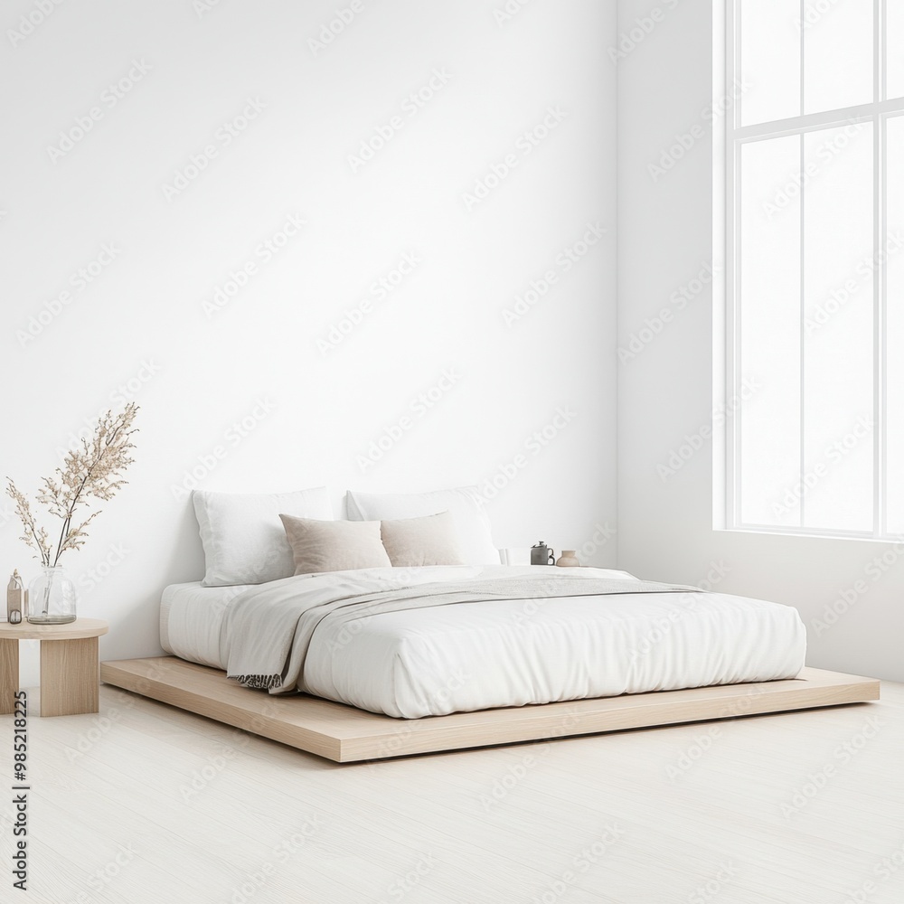 Minimalist bedroom interior with a low wooden bed, soft bedding, and light decor in a bright and serene setting. Minimalist bedroom interior with a low wooden bed, soft bedding, and light decor in a bright and serene setting.