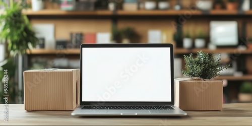 Online shop table with laptop computer, white screen, shipping box, retail market 